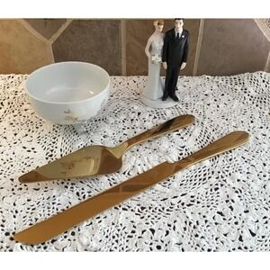 Weddingstar Cake Topper Lefton China Bowl Einsley Gold Tone Knife and Server Set